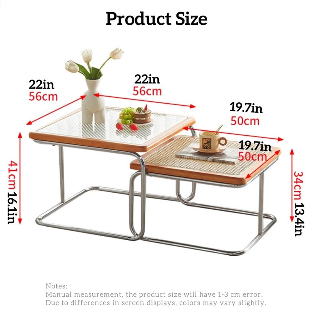 Square Nesting Coffee Table Set of 2 Wooden Rattan Glass Brown Z43144