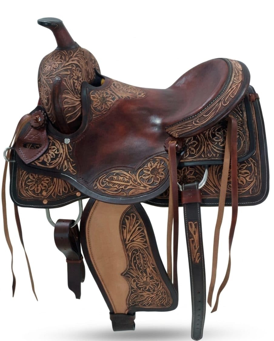 Hand Tooled Genuine Leather Western Horse Saddle with Tack Set 15-18 Inch P6388