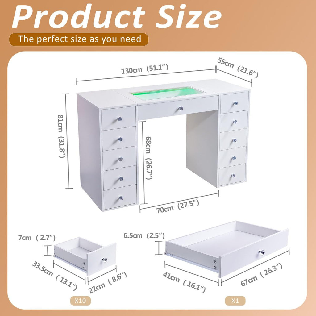 51'' 11 Drawer Vanity Makeup Desk H700