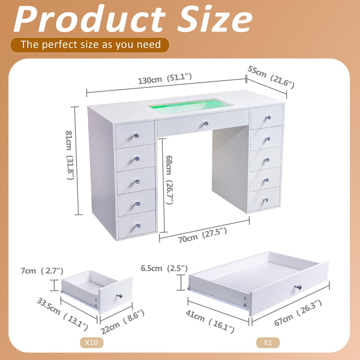 51'' 11 Drawer Vanity Makeup Desk H700