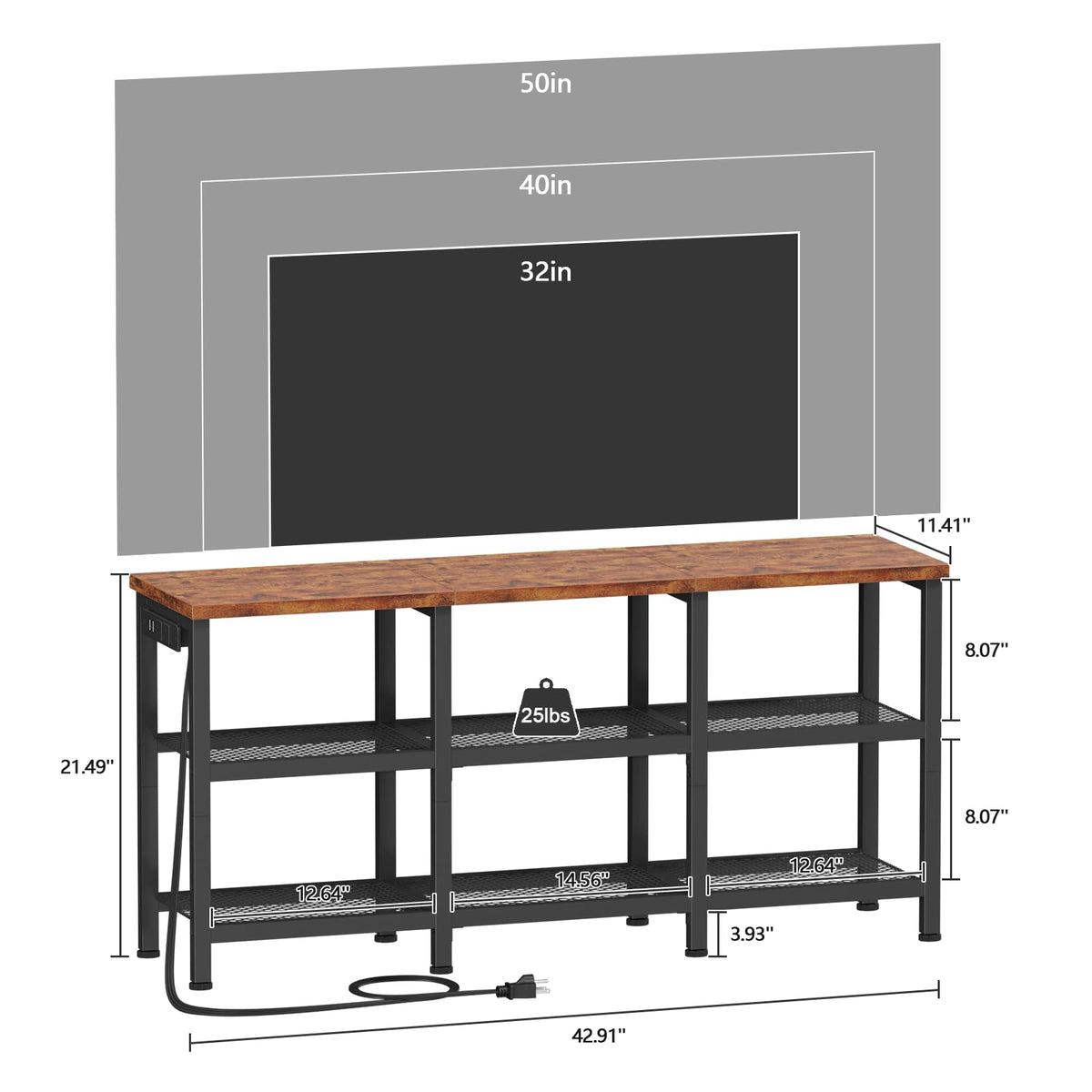 Rustic Brown TV Stand with Power Outlets and Open Storage Shelves C91474