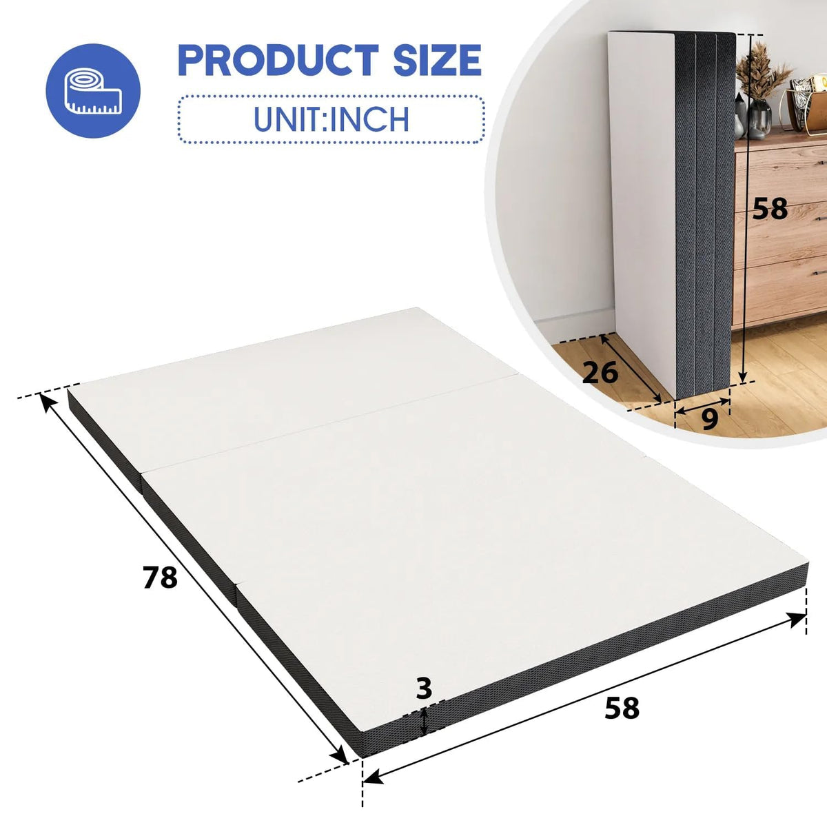 3 Inch Queen Size Tri-Fold Memory Foam Mattress Topper J6534