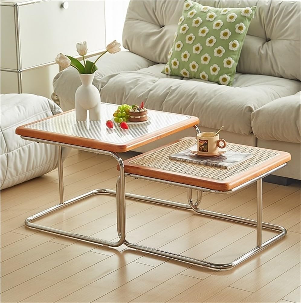 Square Nesting Coffee Table Set of 2 Wooden Rattan Glass Brown Z43144