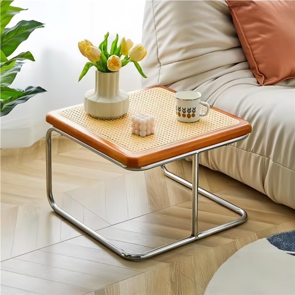 Square Nesting Coffee Table Set of 2 Wooden Rattan Glass Brown Z43144