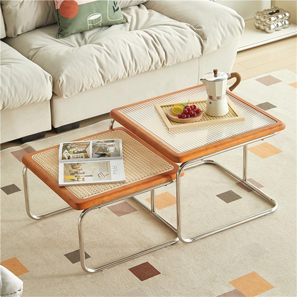 Square Nesting Coffee Table Set of 2 Wooden Rattan Glass Brown Z43144