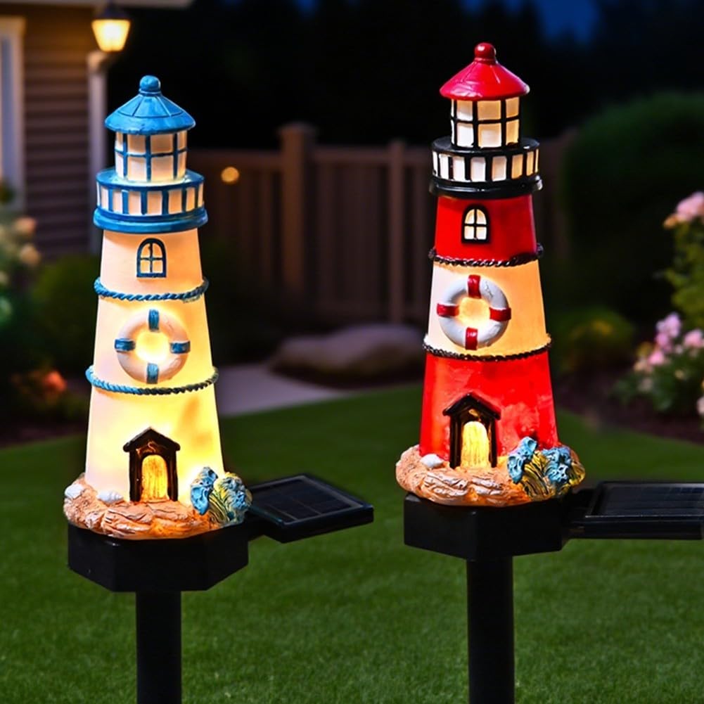 Solar Powered LED Lighthouse Light Outdoor Garden Waterproof Resin Automatic Sensor L8342