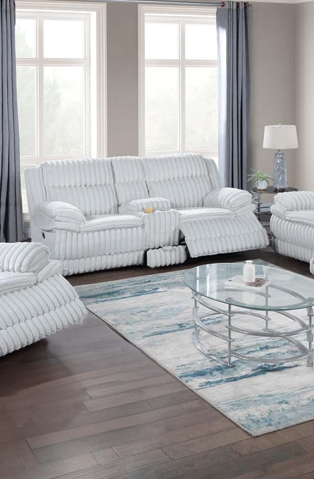 Light Gray Corduroy Reclining Loveseat with Console and Drawer Storage X15182