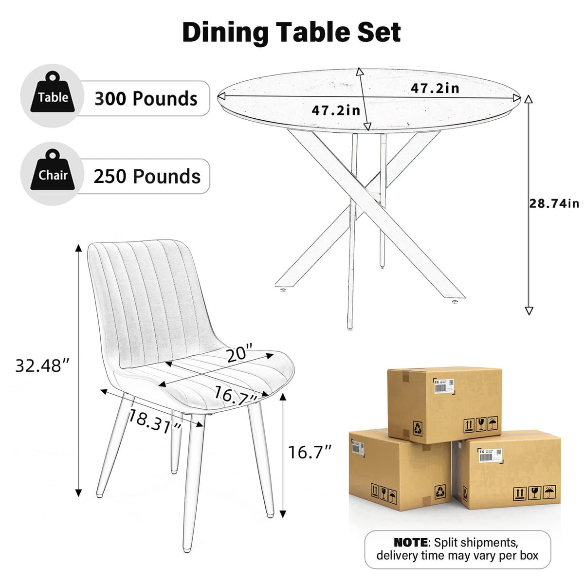 47" Walnut Round Dining Table Set for 4 with 4 Black Upholstered Chairs D21776