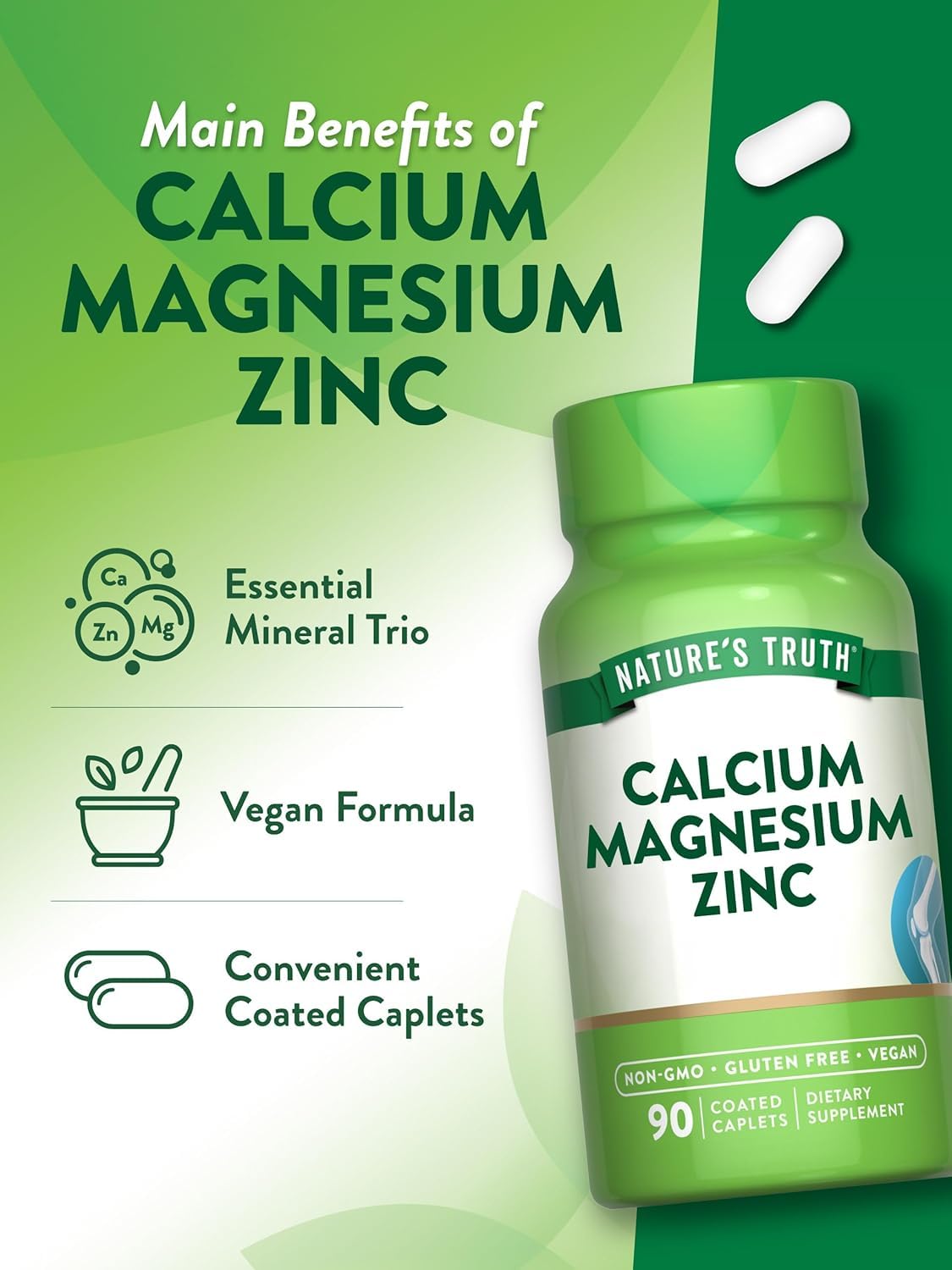 Calcium Magnesium Zinc Plus Vitamin D3 Caplets 90 Ct Pack of 2 K3264