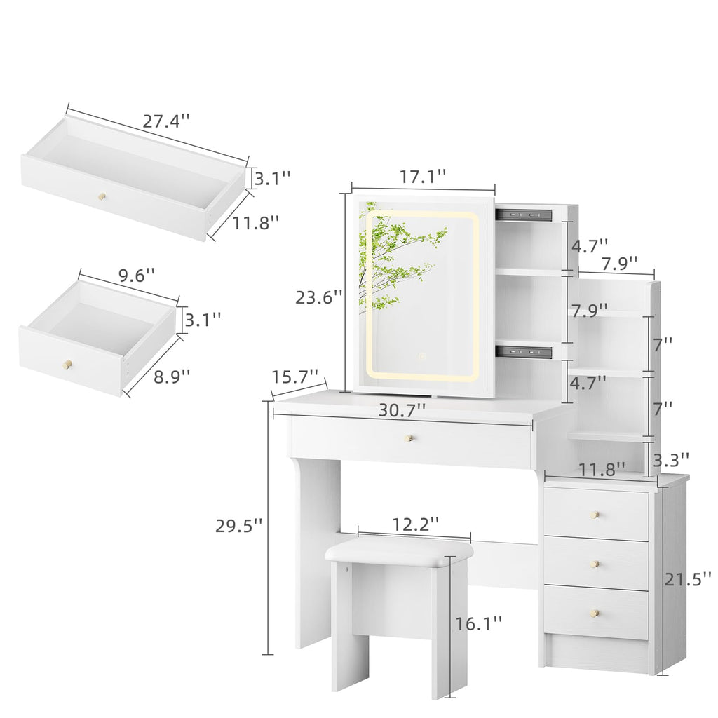 White Makeup Vanity Desk with Sliding Mirror & 4 Drawers V848