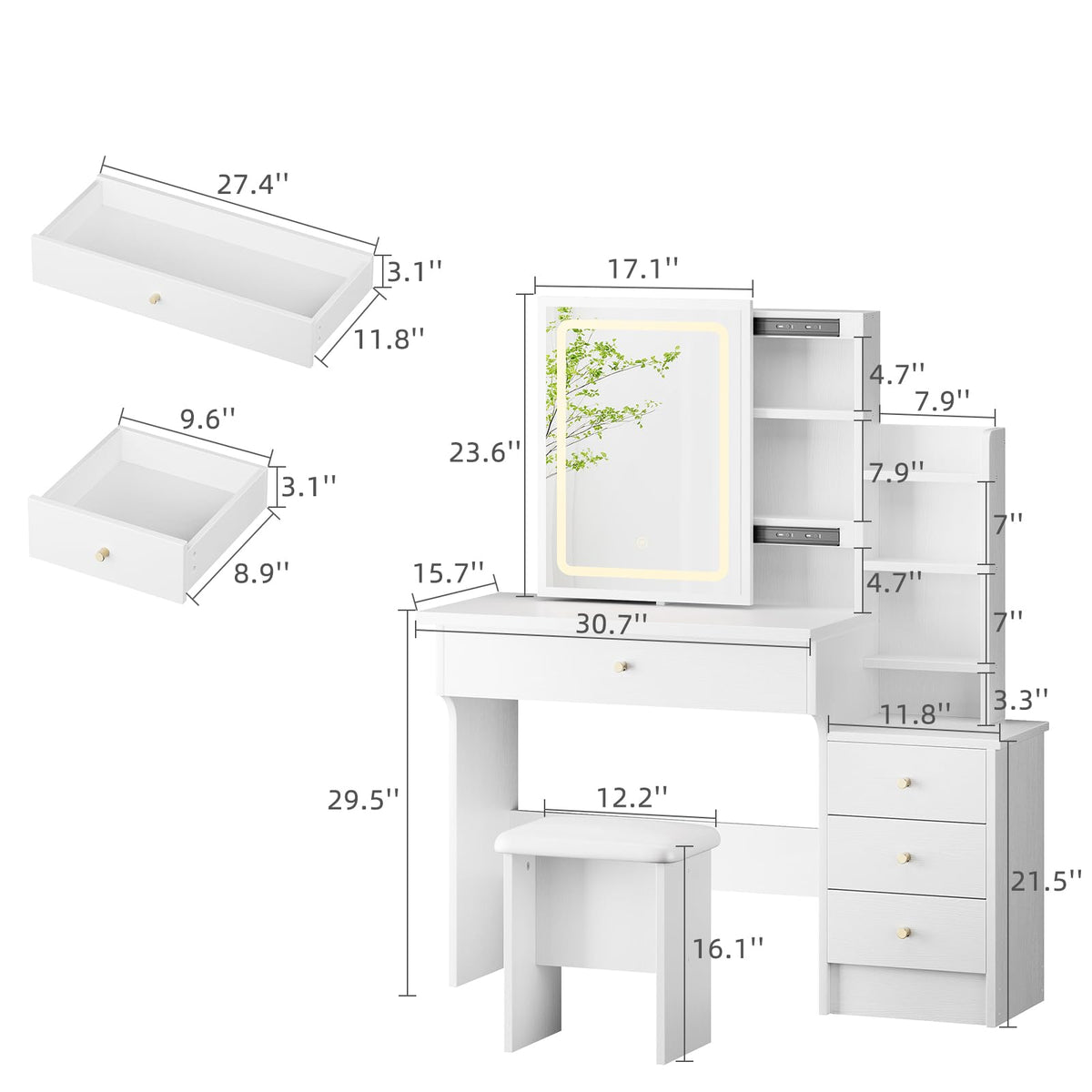 White Makeup Vanity Desk with Sliding Mirror & 4 Drawers V848