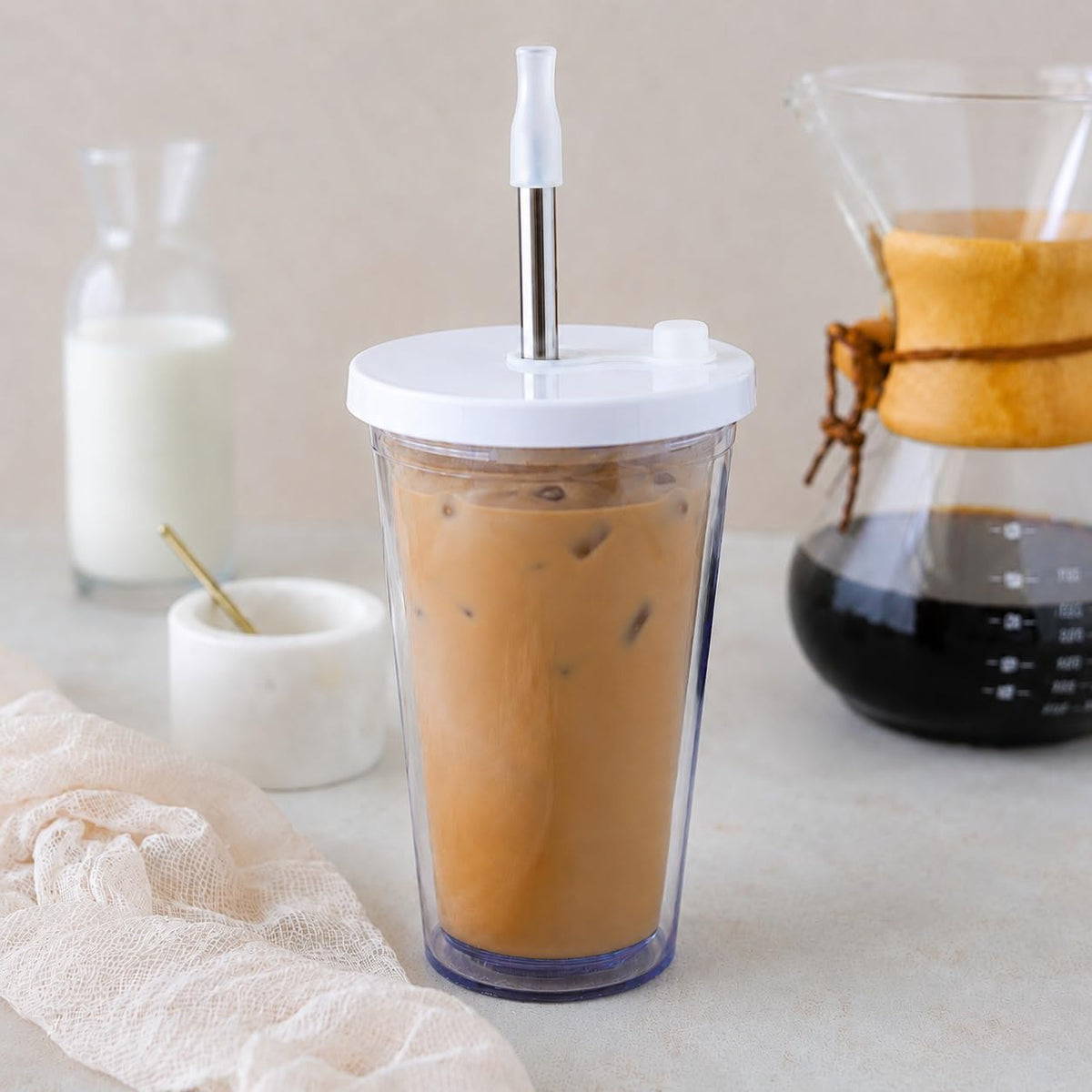 16 Oz Clear Plastic Insulated Tumbler with Lid and Straw W6824