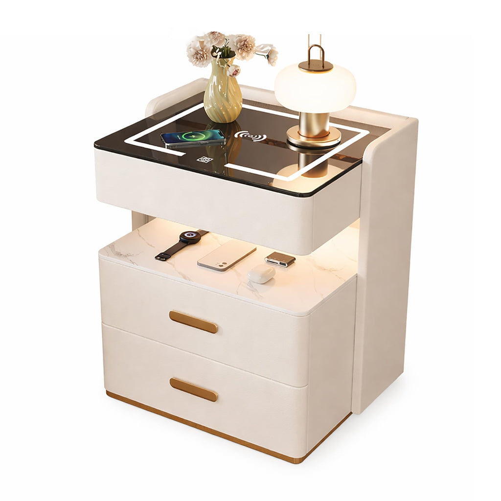 Smart Nightstand with 2 Storage Drawer, Wireless Charging Station, 3-Color Adjustable LED Light, Solid Wood Side Table X669110