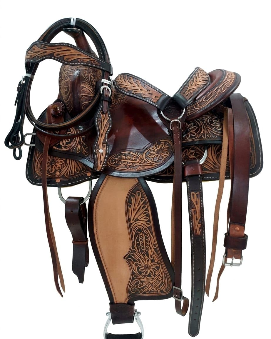 Hand Tooled Genuine Leather Western Horse Saddle with Tack Set 15-18 Inch P6388