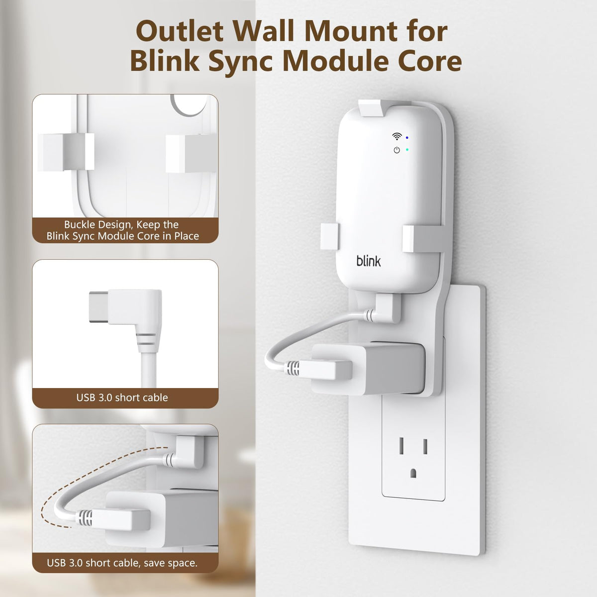 White Mount Bracket for Blink Sync Module Core with USB 3.0 Cable Y991690