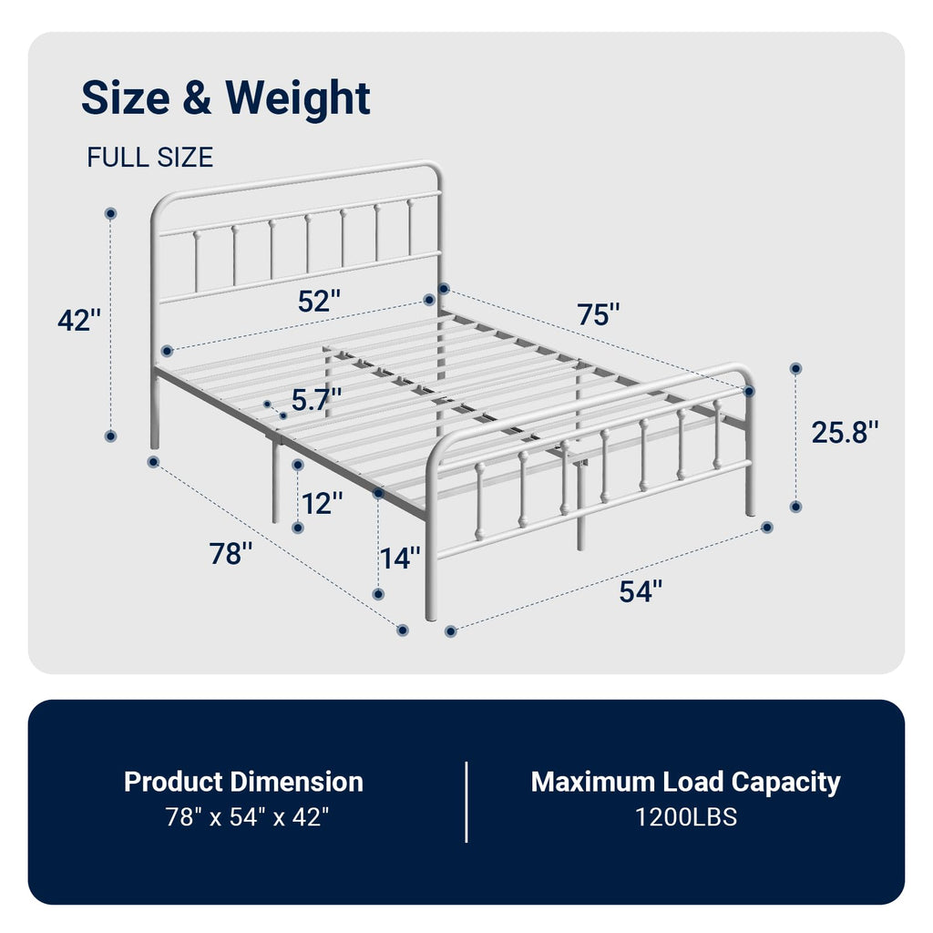 Full Size White Metal Platform Bed Frame with Headboard V400