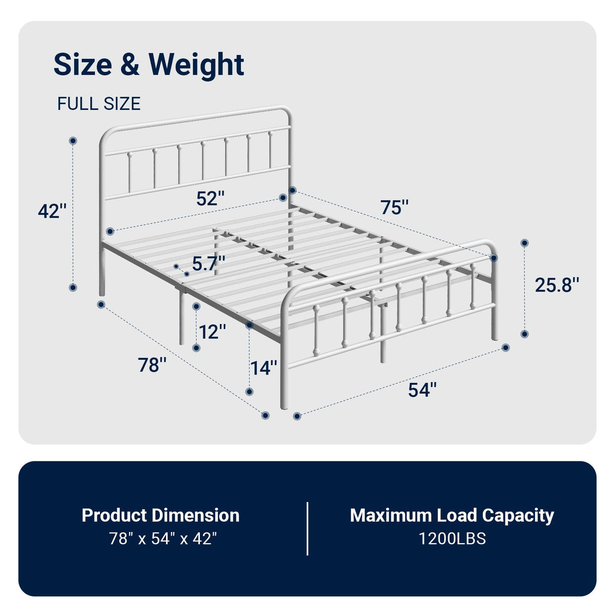 Full Size White Metal Platform Bed Frame with Headboard V400