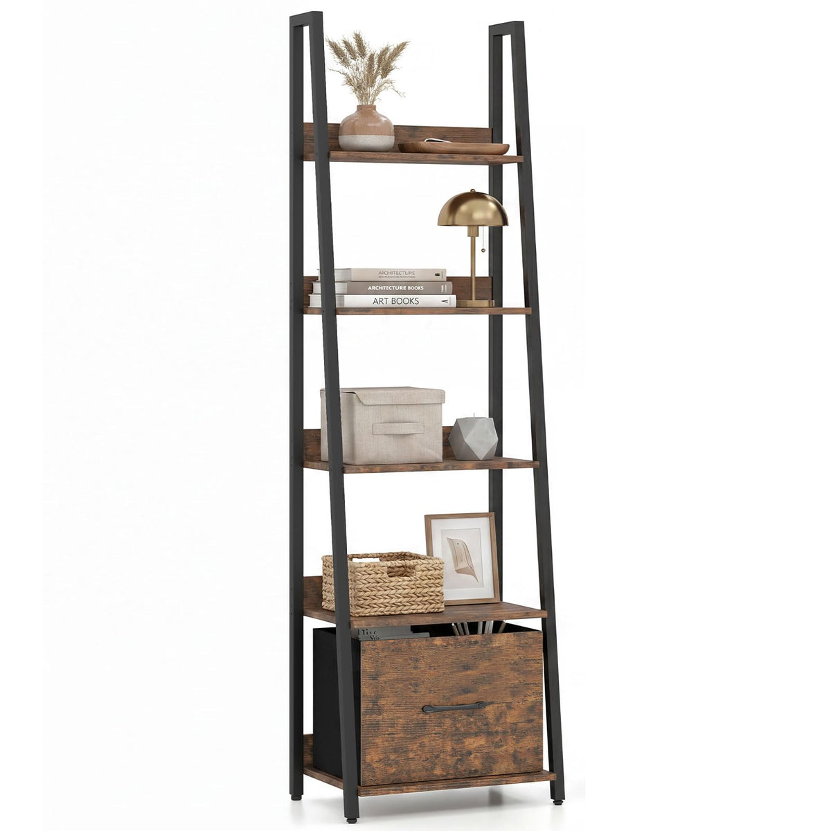 5-Tier Ladder Bookshelf with Fabric Drawer G33805
