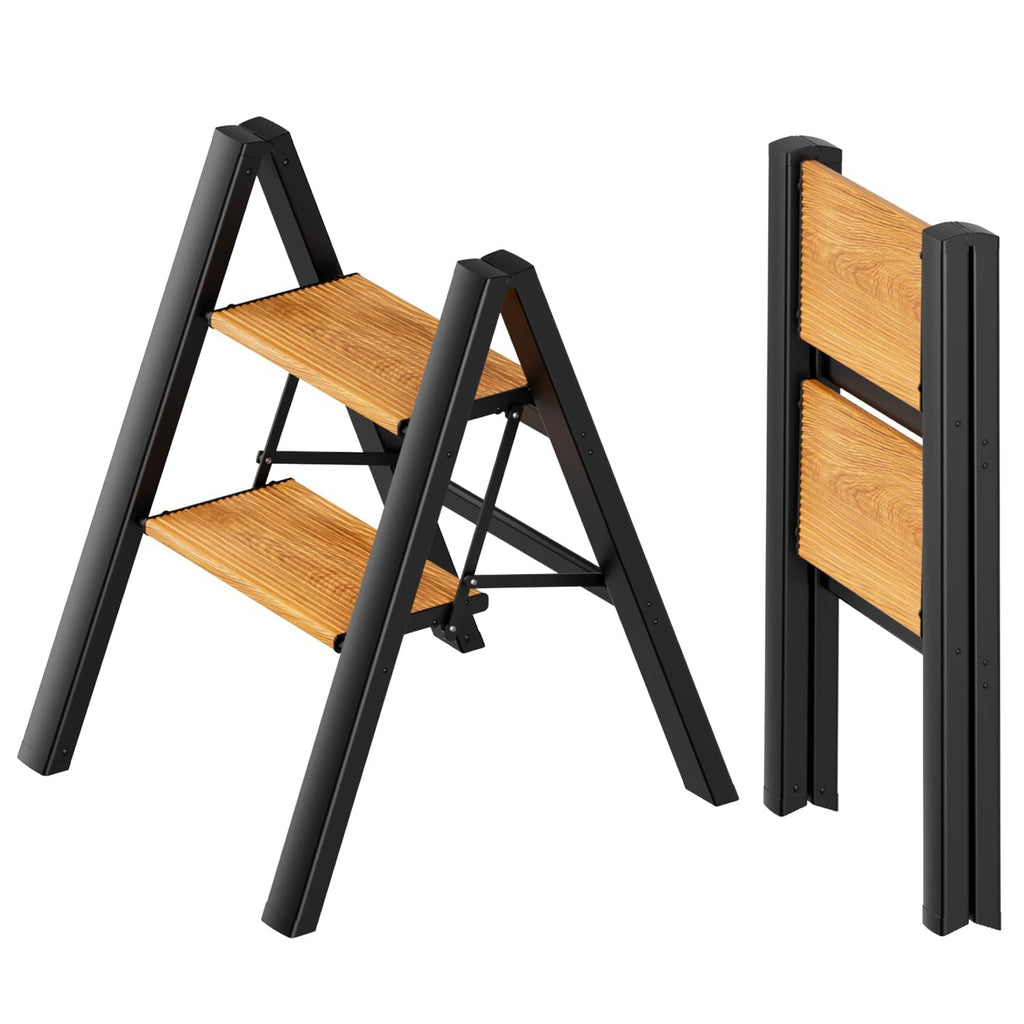 2 Step Folding Ladder, Black & Woodgrain A1137