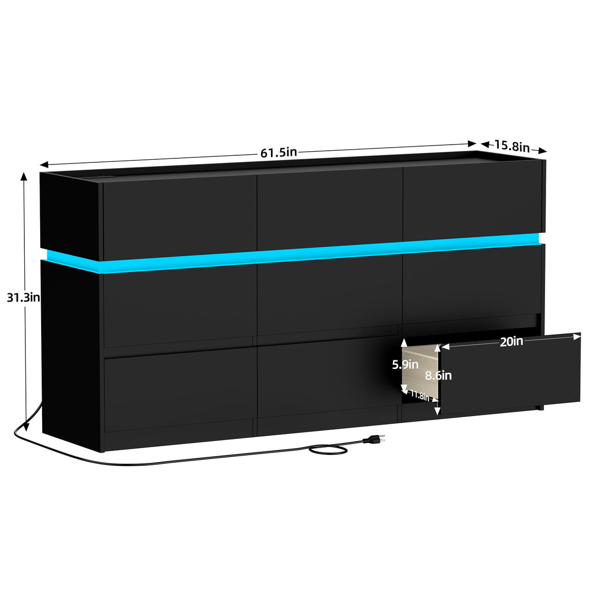 Black 9 Drawer Dresser with Charging Station and LED Lights K890860