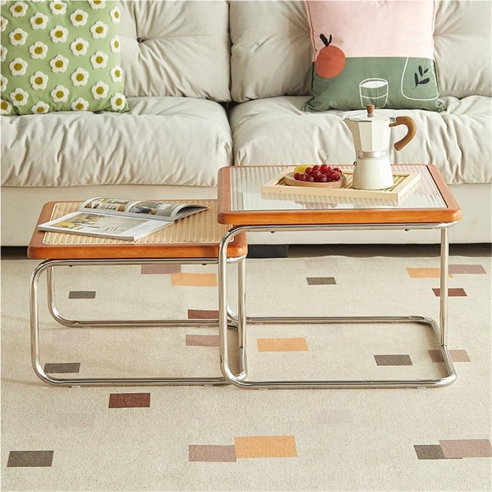 Square Nesting Coffee Table Set of 2 Wooden Rattan Glass Brown Z43144