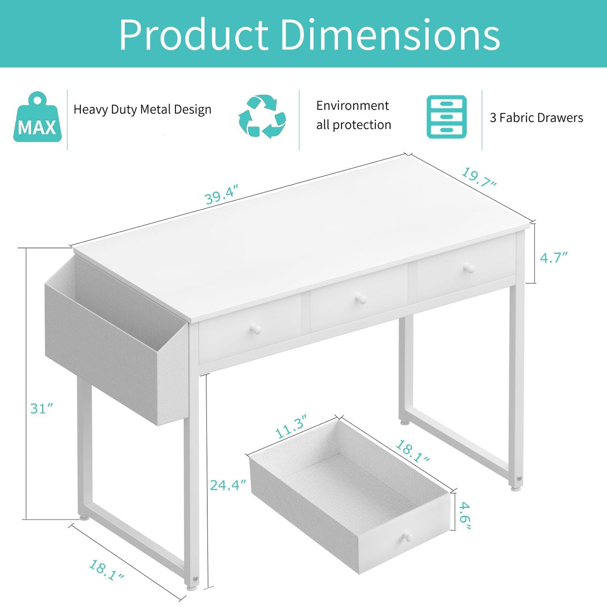 White 40 Inch Computer Desk with Drawers F47011