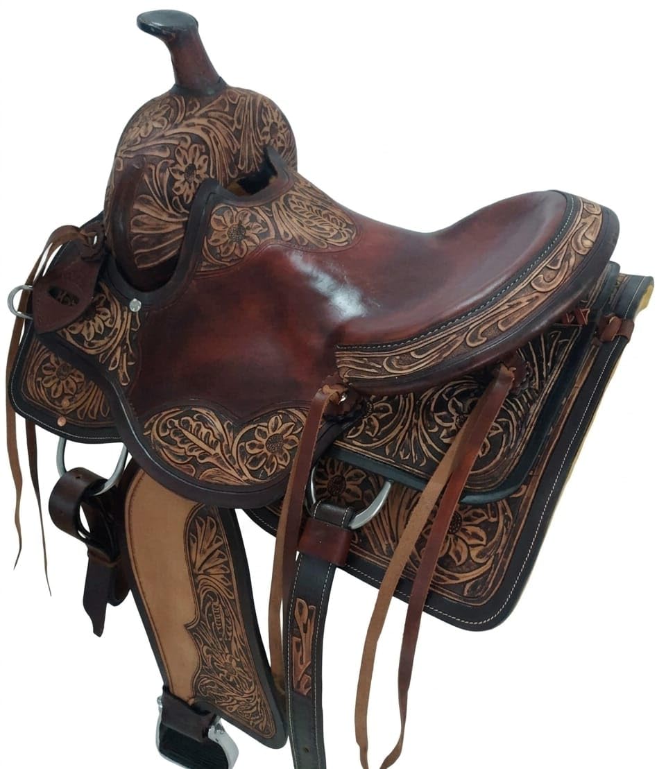 Hand Tooled Genuine Leather Western Horse Saddle with Tack Set 15-18 Inch P6388