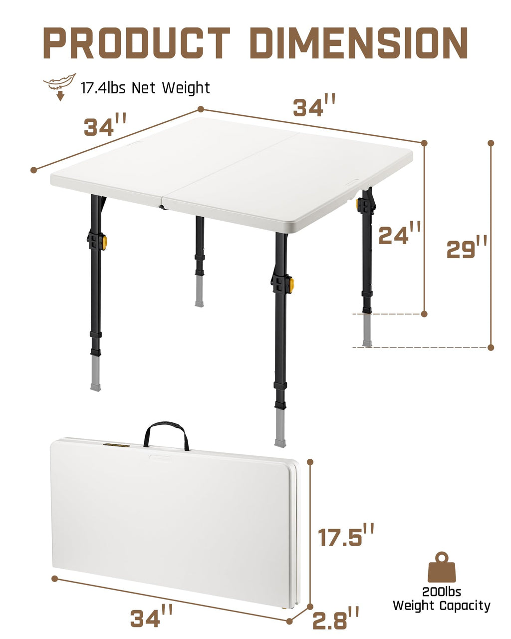 Folding Card Table 2 Heights 34" Square Plastic U88799