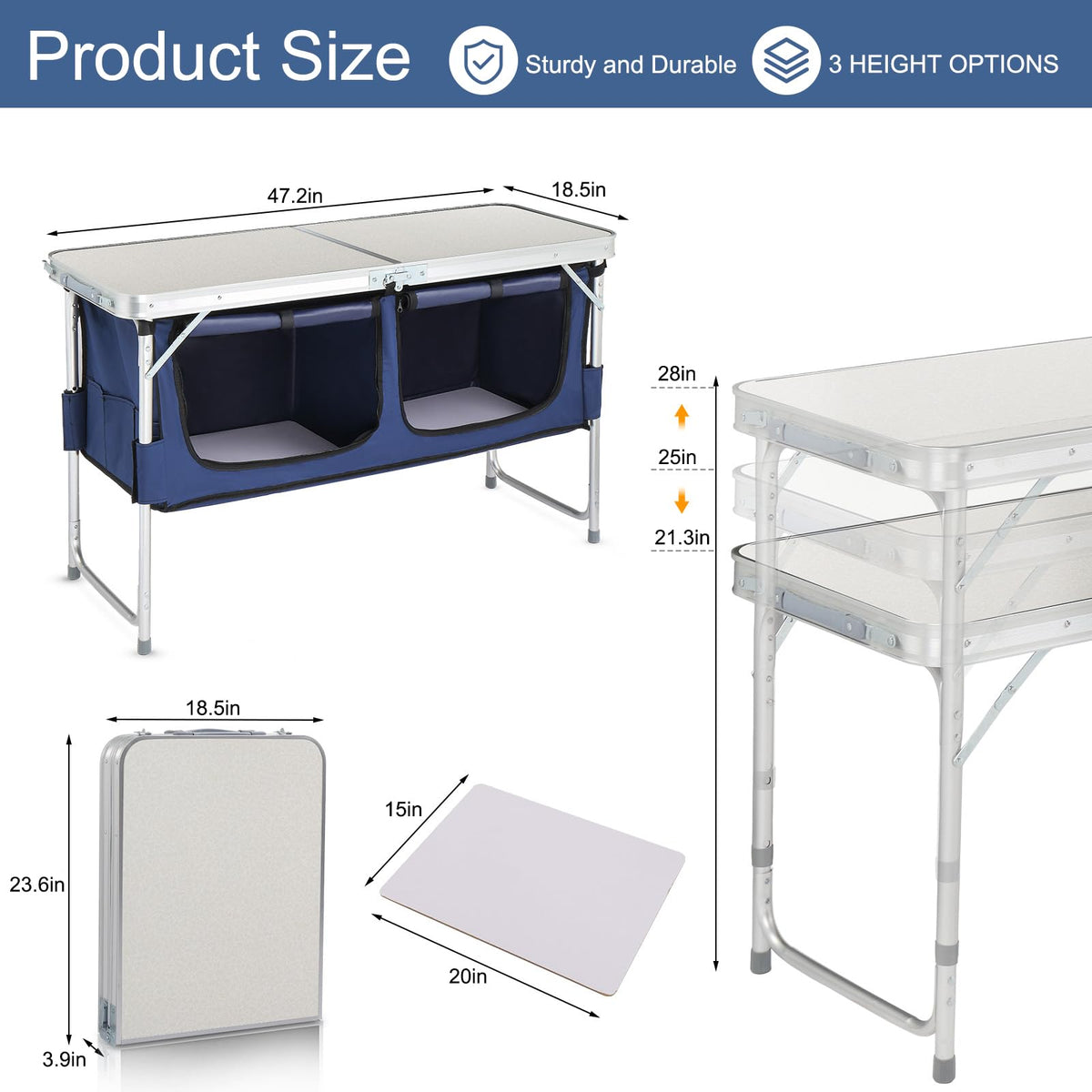 Folding Camping Table with Storage, 3 Height Adjustable, Lightweight, 4 Ft Aluminum J332