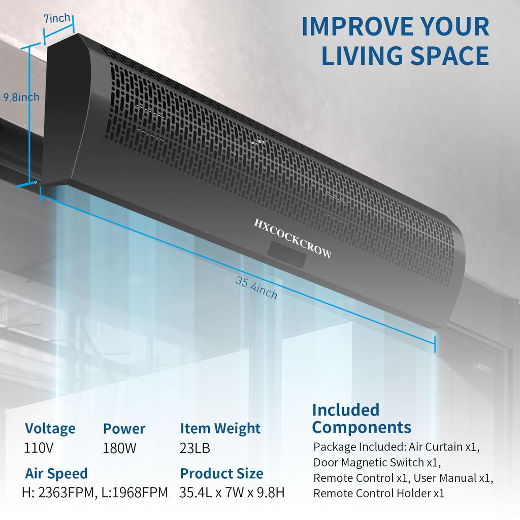 36 Inch Black Air Curtain with Door Magnetic Switch D607
