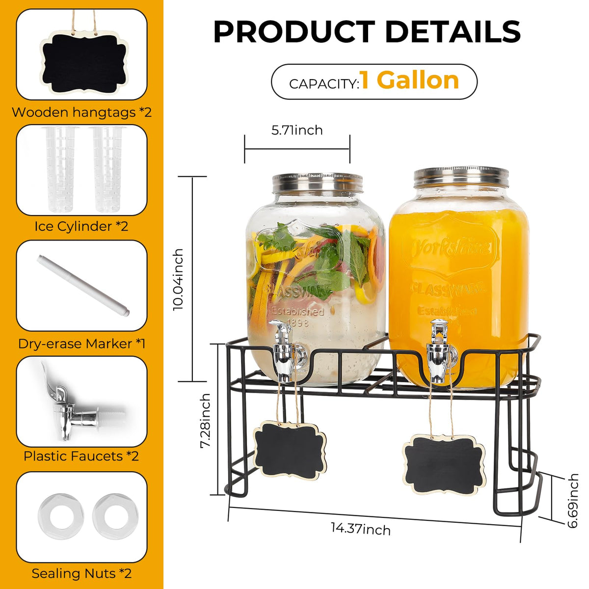 2 Pack 1 Gallon Glass Drink Dispensers with Stand H604529
