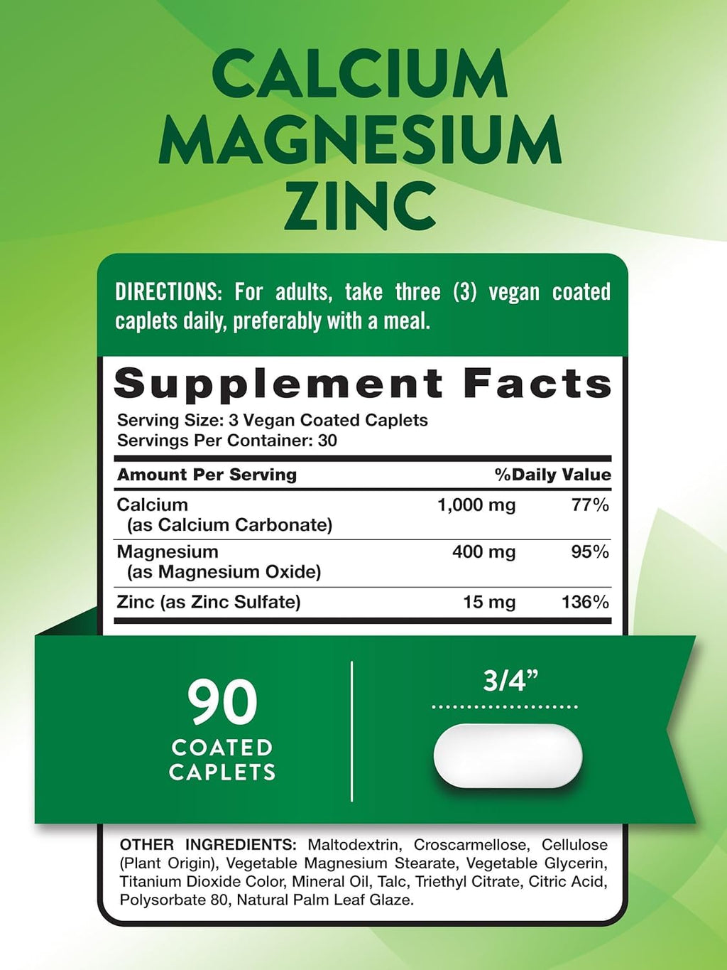 Calcium Magnesium Zinc Plus Vitamin D3 Caplets 90 Ct Pack of 2 K3264