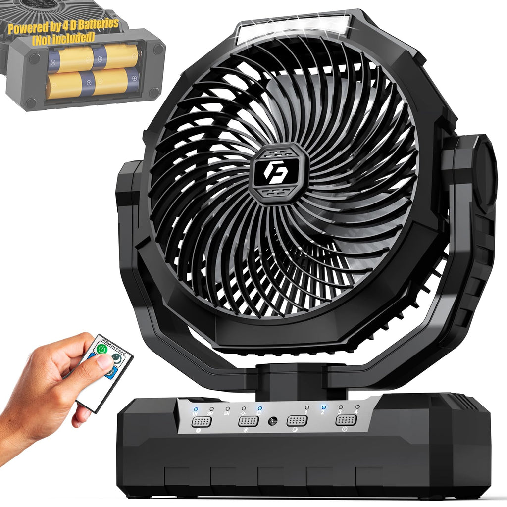 Battery Operated Portable Camping Fan with 4 Speeds, Light, Timer, Remote - Black A58009