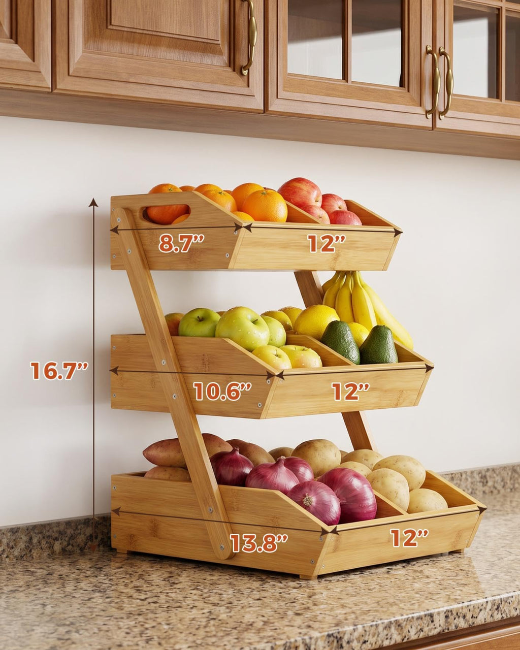 3-Tier Bamboo Fruit Basket with 2 Banana Holders L439