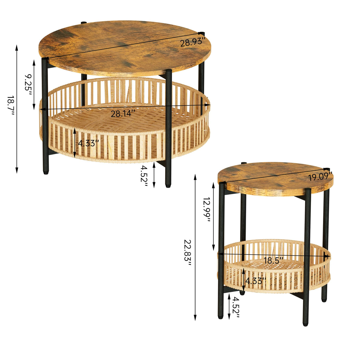 3 Pieces 2 Tier Round Rattan Coffee Table Set with Metal Frame G669