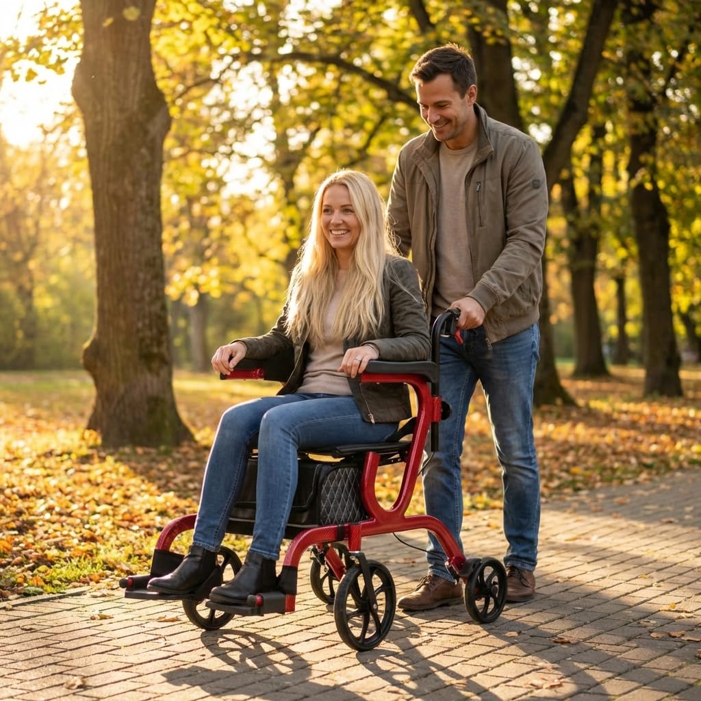2-in-1 Folding Rollator Walker & Transport Chair with 10” Front Wheels P776586