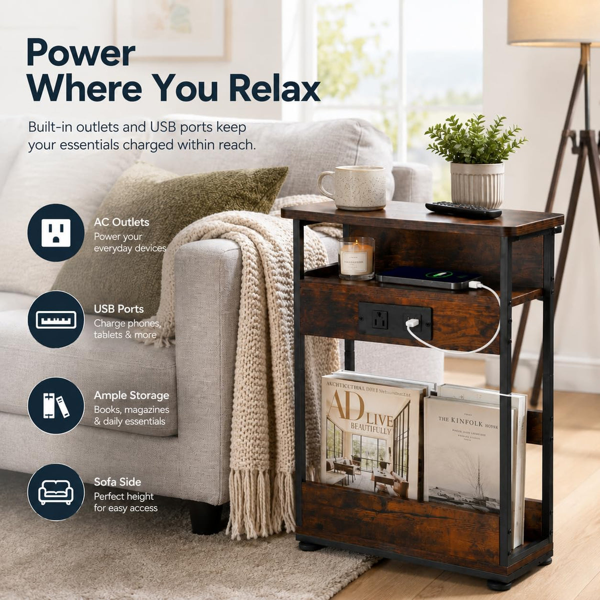 Narrow Side Table with Charging Station R865