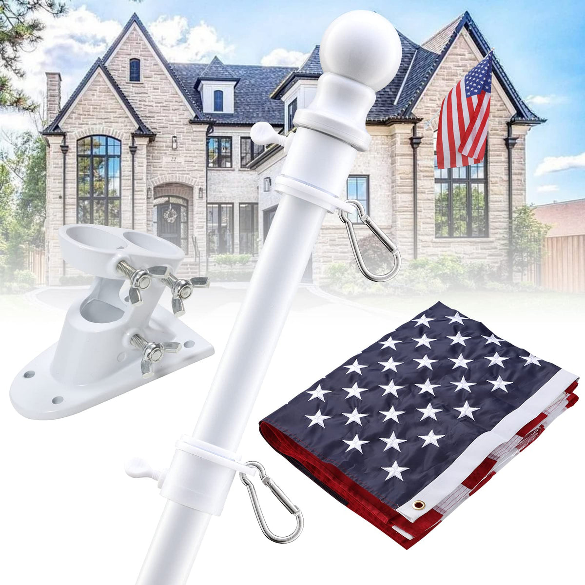5ft White Tangle Free Flag Pole with 3x5 Embroidered US Flag A66895
