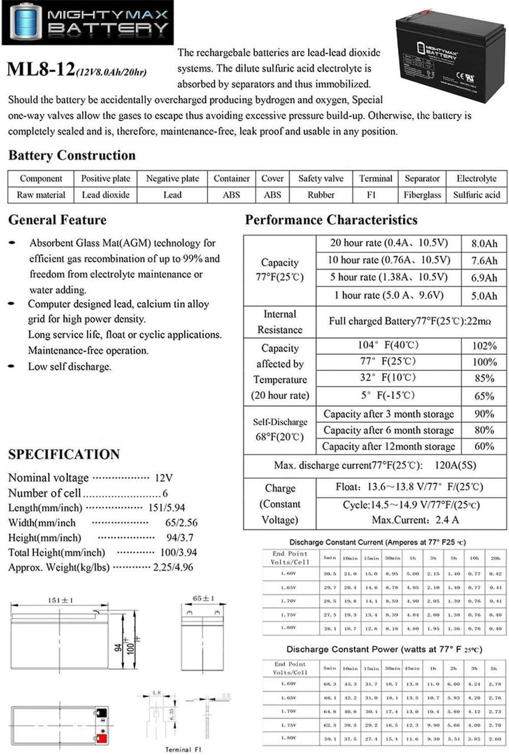 12 Volt 8 AH Rechargeable SLA AGM Battery H635