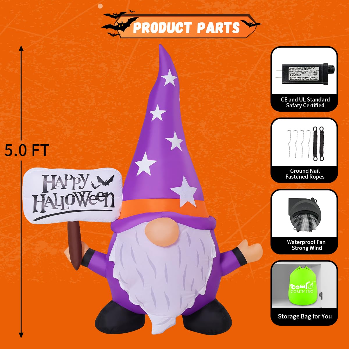 5FT Halloween Inflatable Gnome Yard Decor with LEDs F557