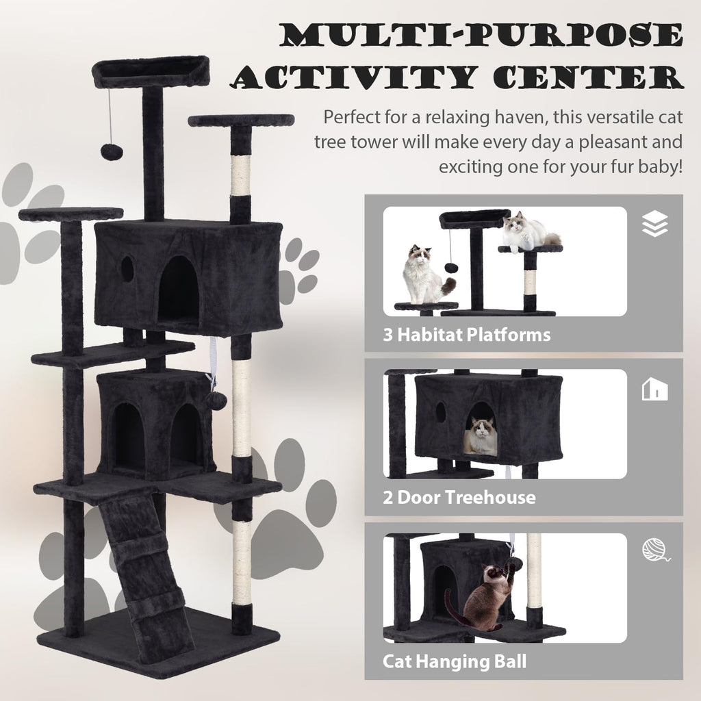 70" Dark Grey Cat Tree Tower with Scratching Post and Bed Y678174