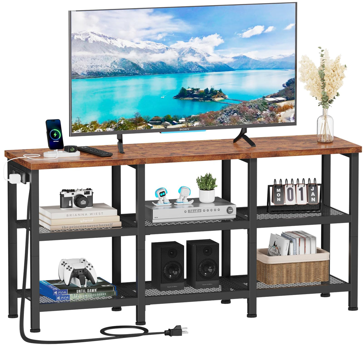 Rustic Brown TV Stand with Power Outlets and Open Storage Shelves C91474