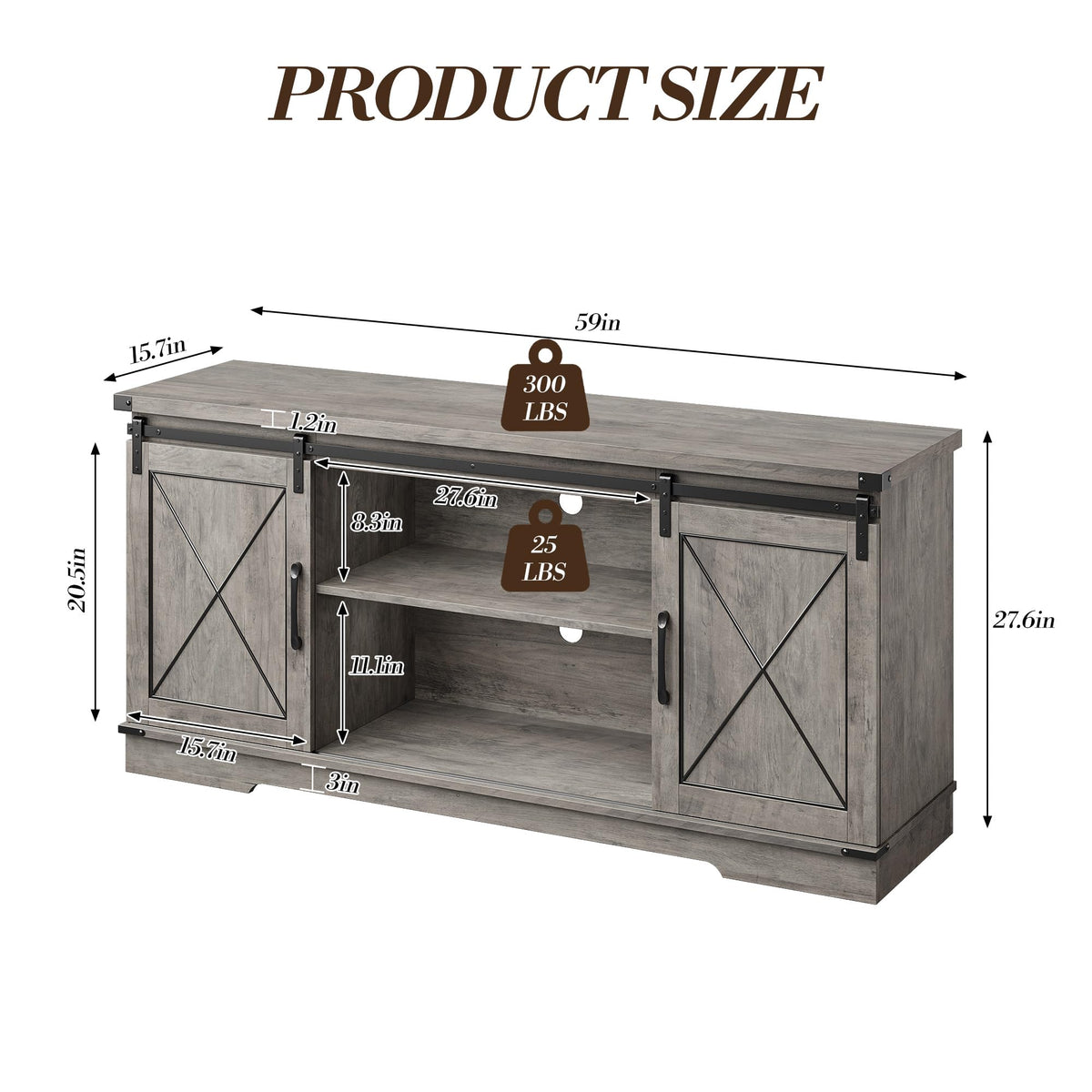 59" Farmhouse TV Stand with Sliding Barn Doors & Adjustable Shelves, Gray P82414