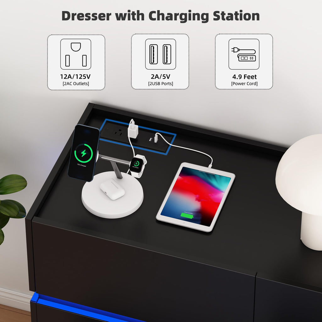 Black 9 Drawer Dresser with Charging Station and LED Lights K890860