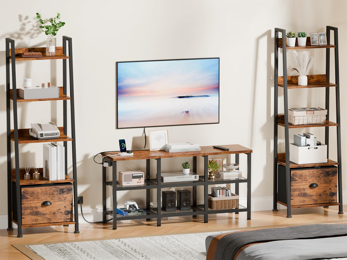 Rustic Brown TV Stand with Power Outlets and Open Storage Shelves C91474