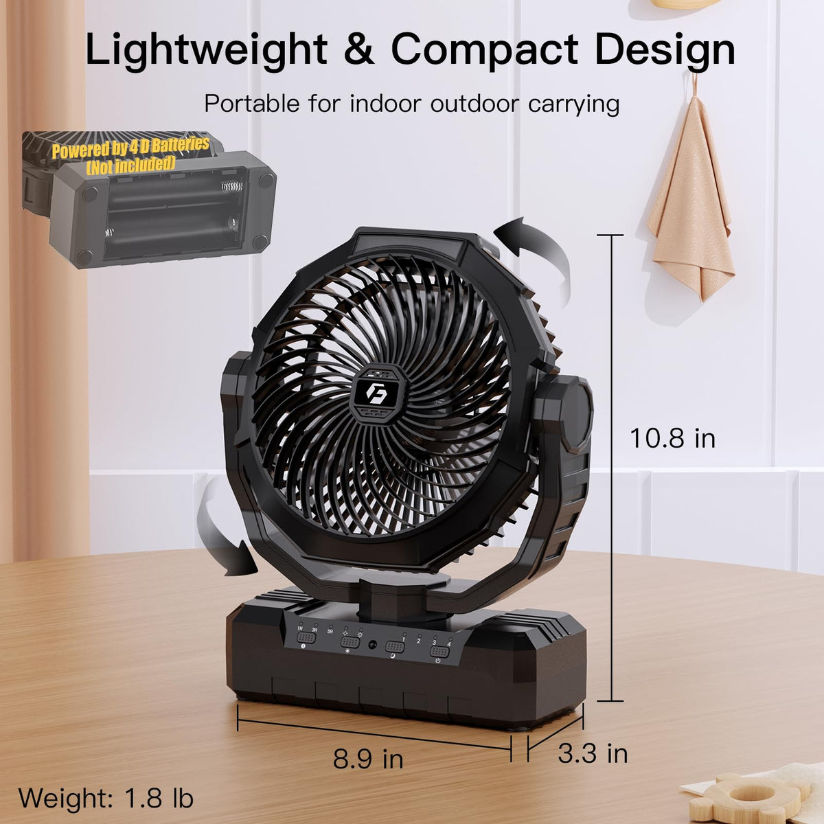 Battery Operated Portable Camping Fan with 4 Speeds, Light, Timer, Remote - Black A58009