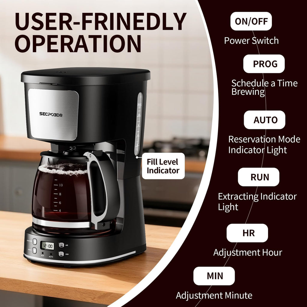 12 Cup Programmable Drip Coffee Maker with Glass Carafe and Reusable Filter K842