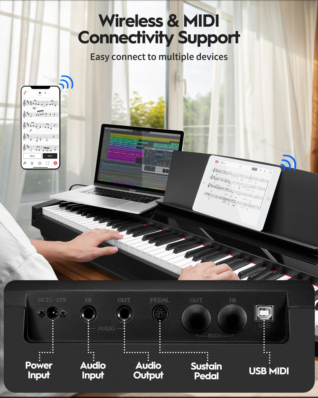 88 Key Weighted Hammer-Action Digital Piano with Sustain Pedal, Black V7776