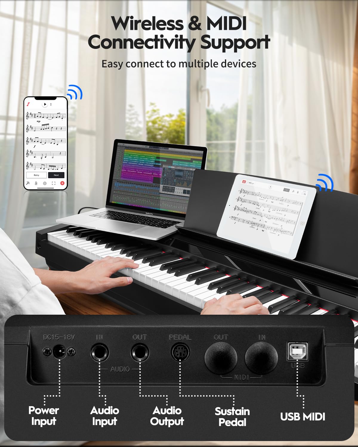 88 Key Weighted Hammer-Action Digital Piano with Sustain Pedal, Black V7776