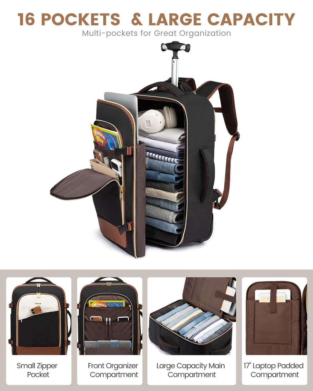 Rolling Backpack with Wheels, 17 Inch 57L Water Resistant I668